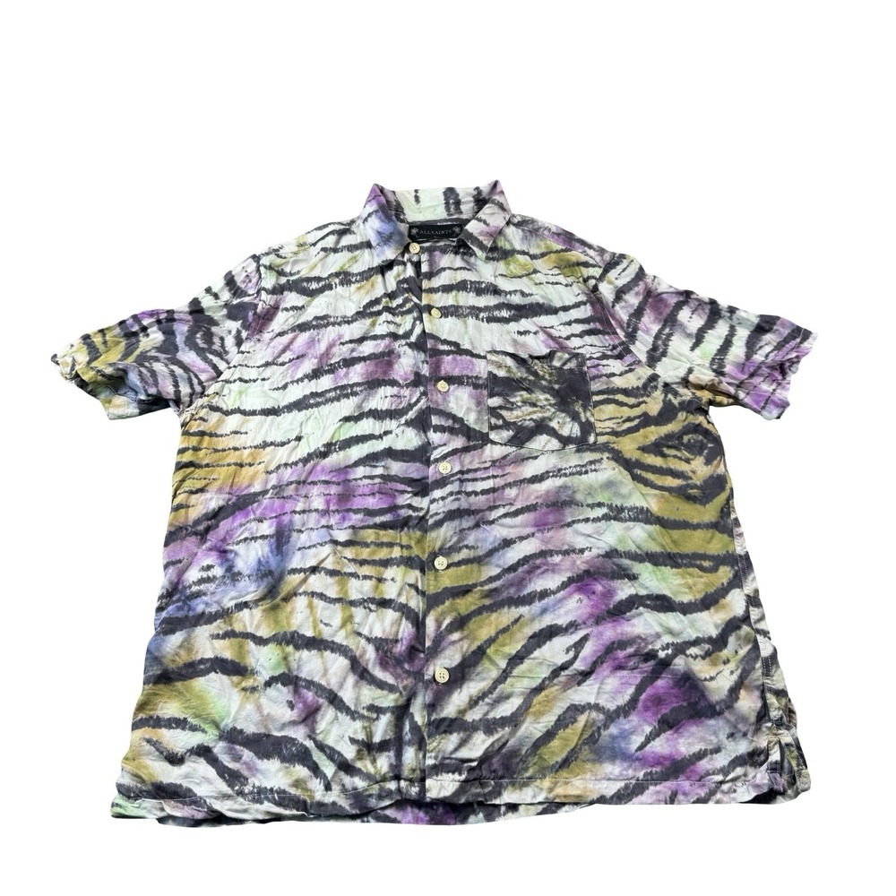 AllSaints Kanha Viscose SS Tie Dye Purple Tiger Stripe Button Front Shirt XL